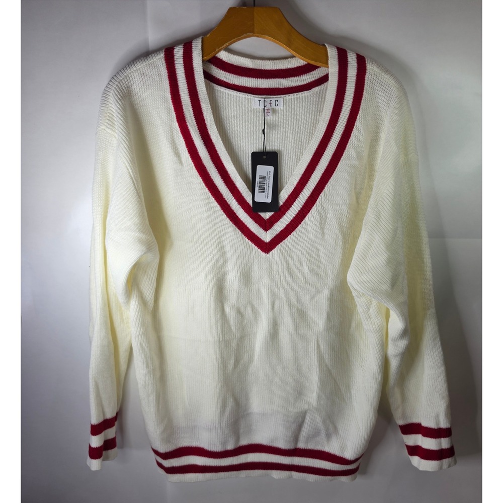 TCEC Varsity Sweater Womens Large White Red Striped V-Neck Preppy Tennis Sweater